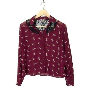 Y2K Cat print blouse sheer lace embellished‎ button top Medium